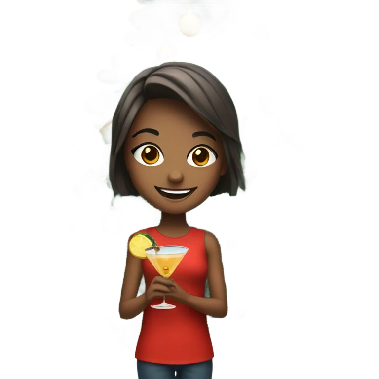 smiling girl by christmas tree with a cocktail emoji