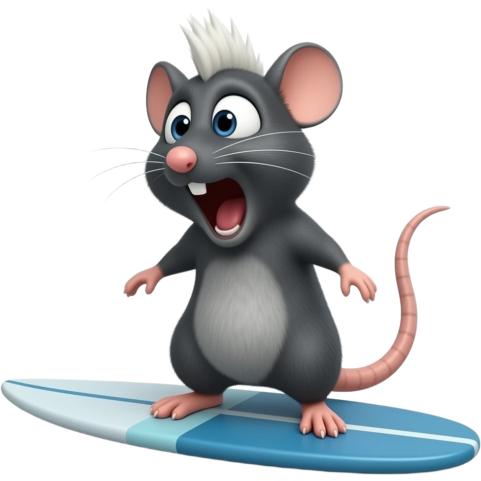 small black rat with white mohawk screaming on a surf board emoji