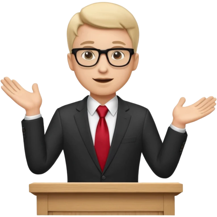 A professional clean-shaven man in a dark business suit and red tie standing behind a podium, confidently delivering a speech. Hands slightly open in a welcoming gesture, soft studio lighting, neutral dark background, friendly facial expression, glasses, elegant and corporate look. emoji
