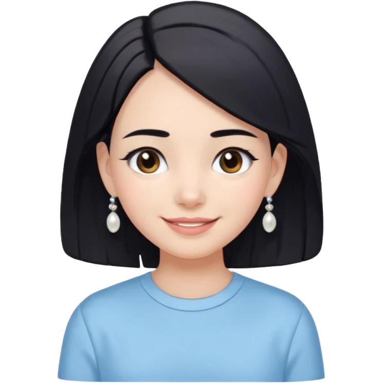  emoji of a smiling girl with a long bob haircut in black-brown color, fair tan skin, soft black eyebrows, and brown eyes. She's wearing a pastel blue shirt, has pearl earrings, and white clean hair clips. Her look is fresh and minimal clean girl aesthetic. Use a white background, emoji