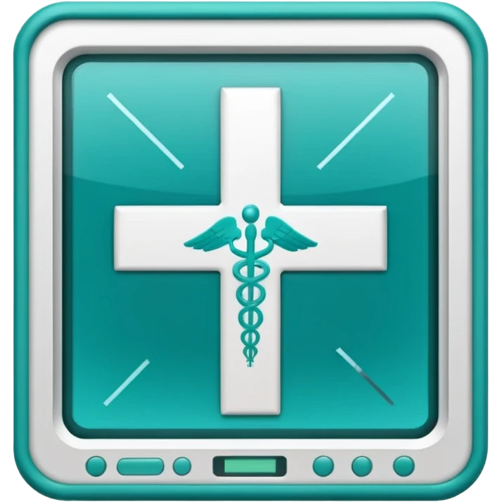 Emoji-style icon of a medical cross inside a scan frame with data lines, symbolizing AI disease detection. Simple emoji design, teal and white theme, no text, transparent background. emoji