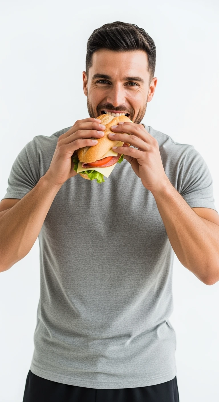 uomo fitness felice con che mangia un panino, sfondo bianco emoji