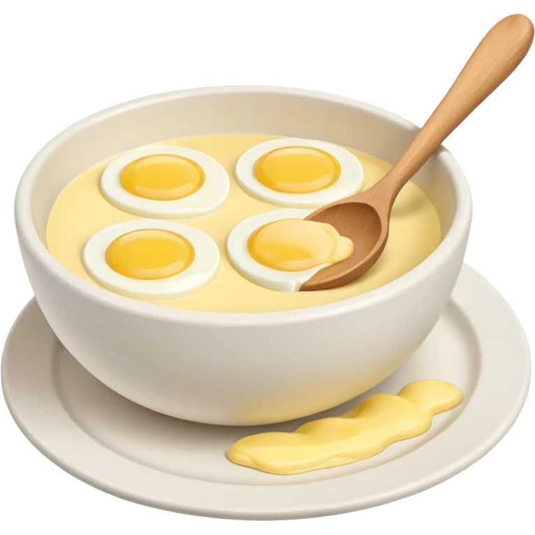 a dozen eggs, a ceramic mixing bowl with a wooden spoon and a plate of butter emoji