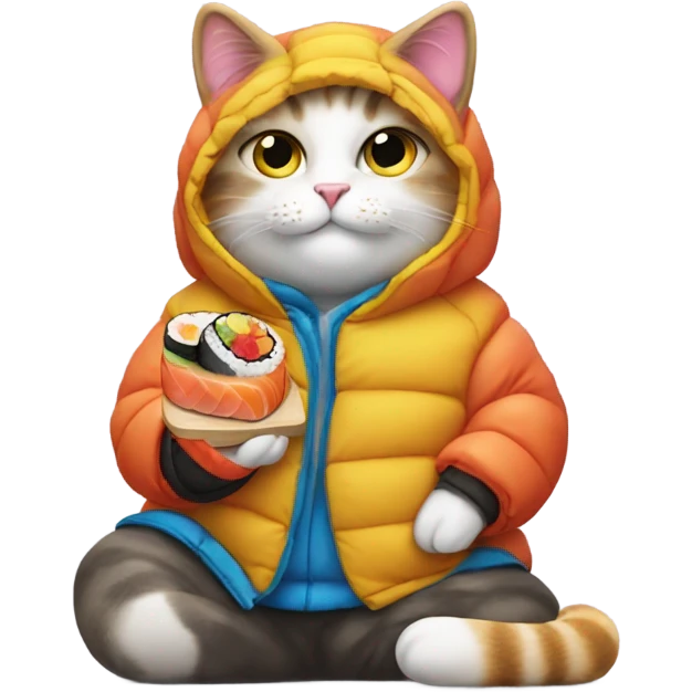 cat wearing a puffy jacket eating sushi emoji