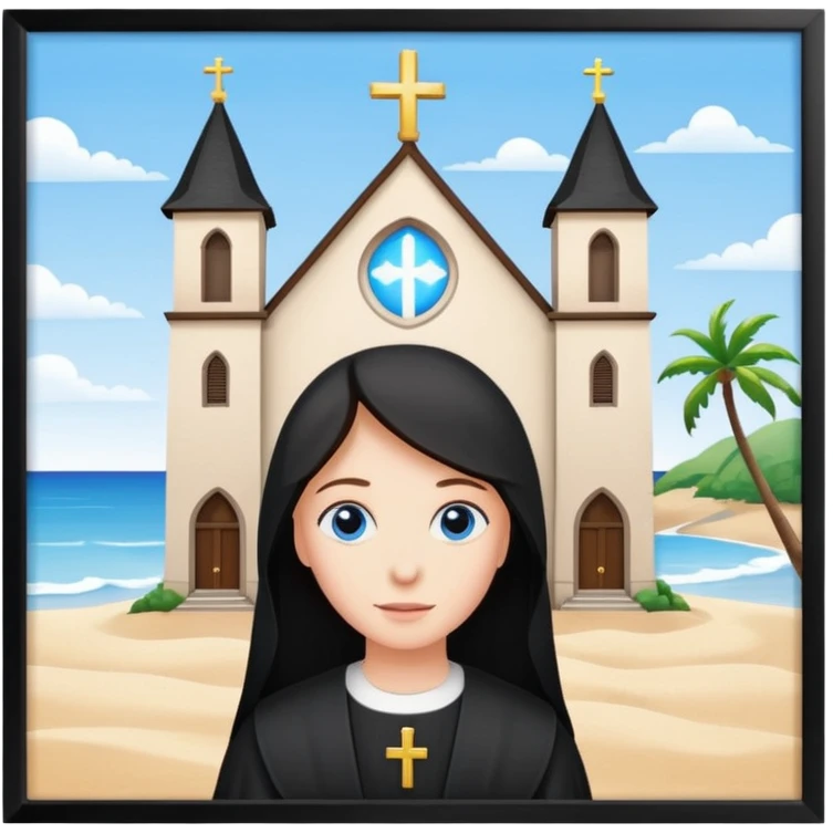 Virgin with blue eyes, church in the beach  emoji