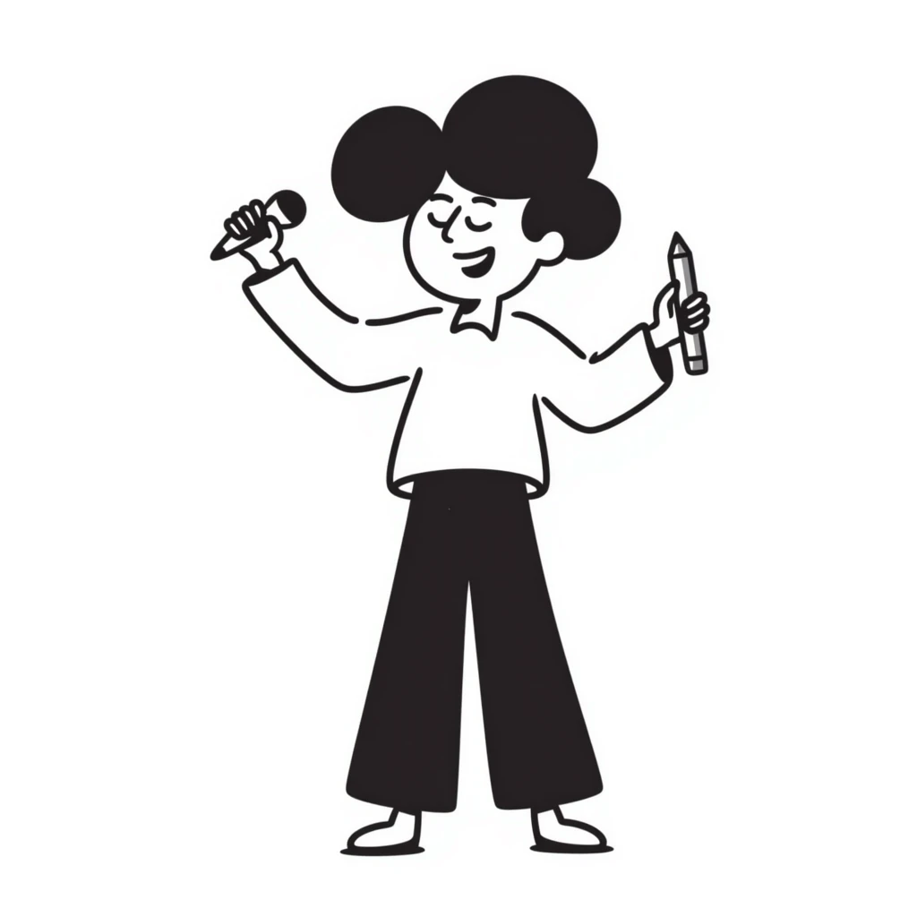 joyful singer with big smile holding a microphone in left hand and pencil in right hand emoji