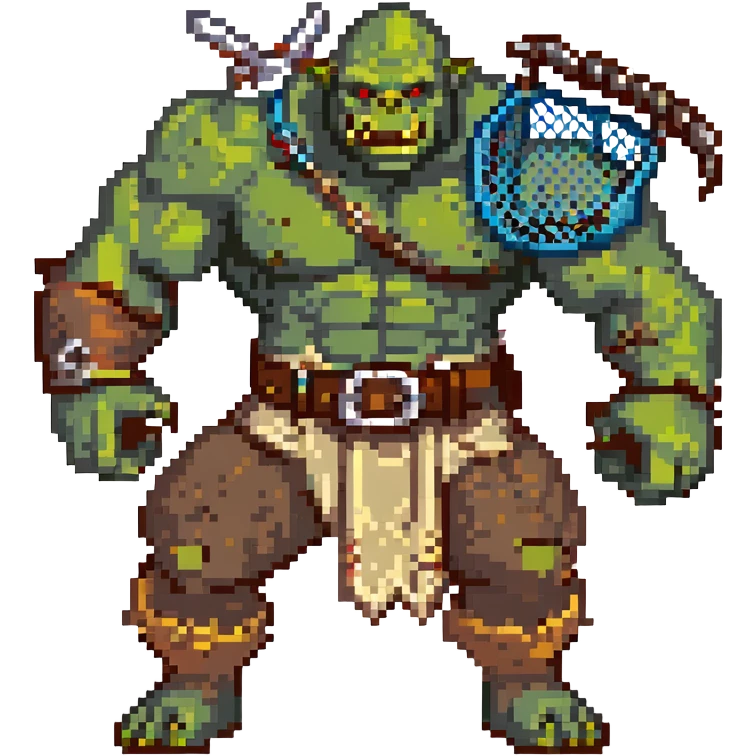 orc male Belt of defeated "Pesky Sand Crab" claws, flexing with a net full of loot. emoji