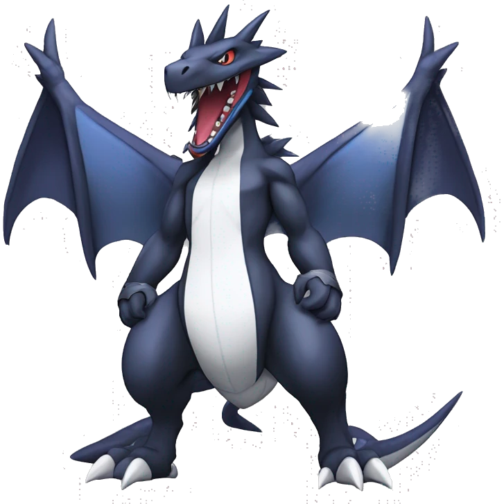 Black, Cool, Edgy, Garchomp-Nargacuga-Sergal Fakémon-Digimon with sharp edgy striking detailed stripe-markings,  full body emoji