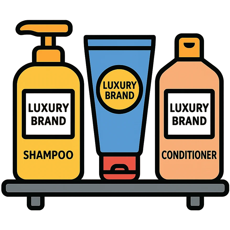 Shampoo bottle, color tube, and conditioner standing on a shelf, products are luxury brand-labeled emoji