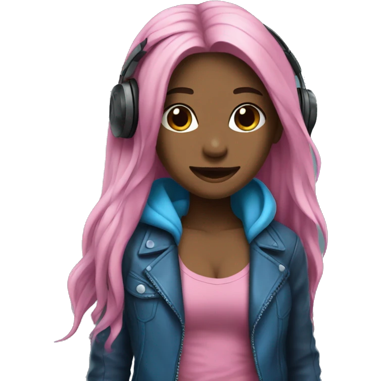 hot rock; leather; girl; pink and blue long hair with headphones emoji