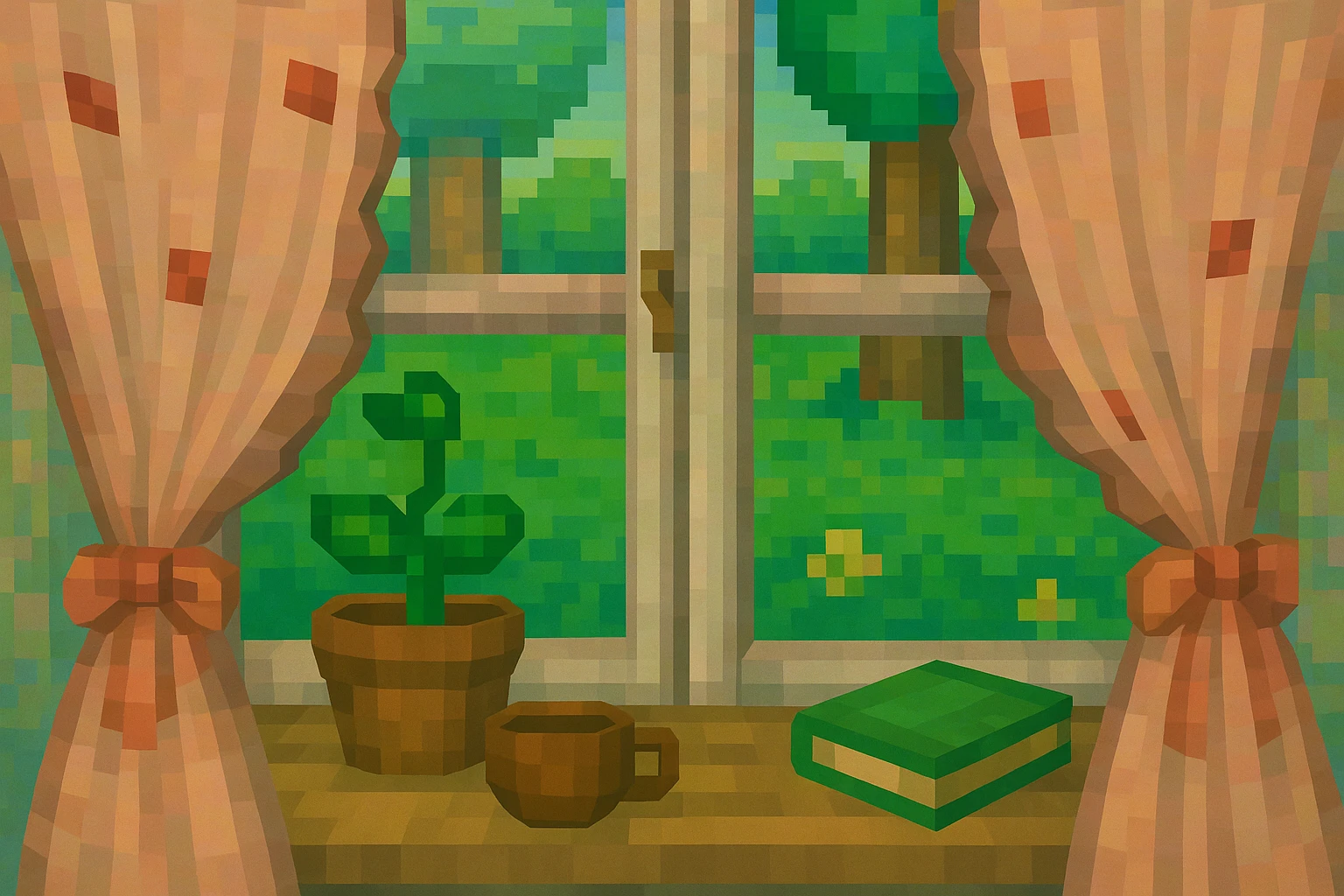 Cozy window scene in iOS 3D style: window with sheer curtains, a potted plant, a cup, and a book on the windowsill, bright green garden outside. Clean, minimal, soft 3D lighting, pastel colors, iOS 3D illustration. emoji