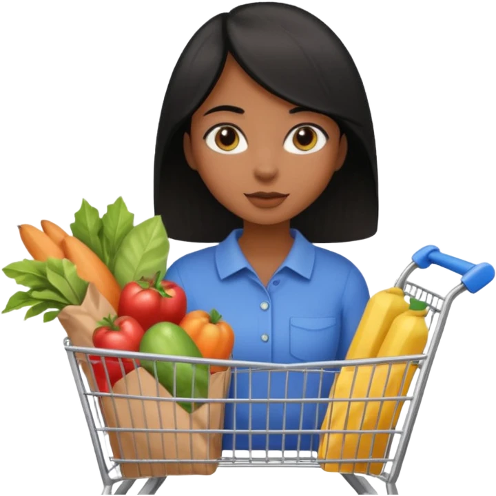 Uma menina morena cabelo liso preto olhos puxados fazendo compra emoji