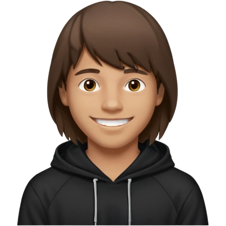 20 yr old man, brown hair, straight, big smile, white teeth, tanned skin, bangs, black hooded sweatshirt, long hair in back, center-parted bangs emoji