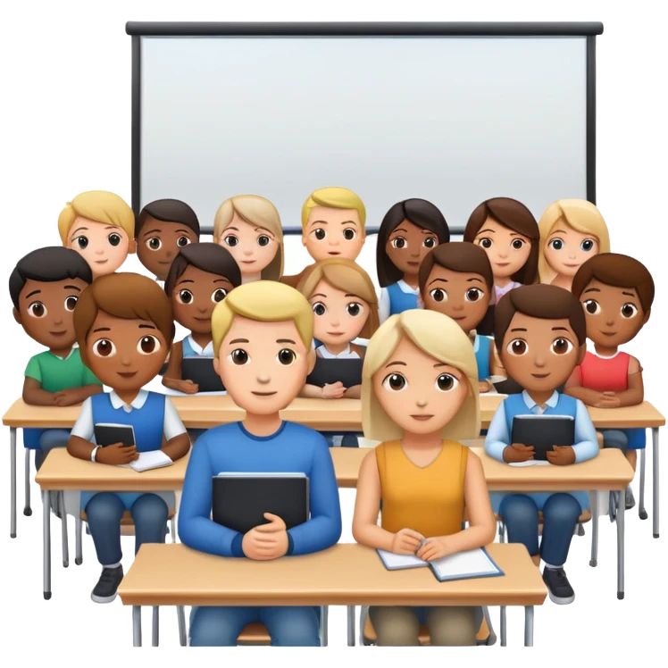 adults sitting in a classroom facing a screen emoji