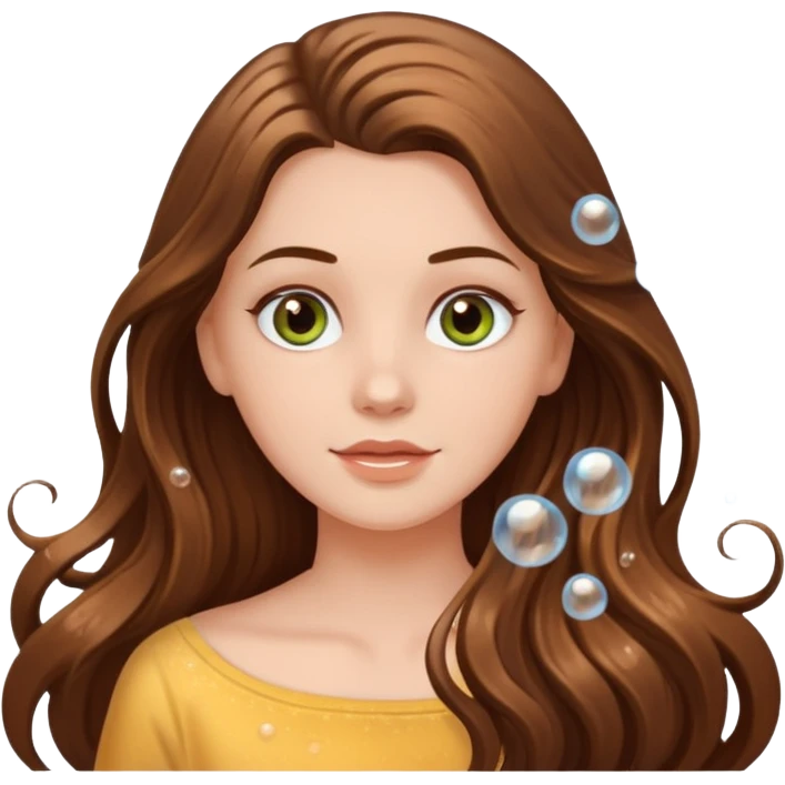 white long brunette hair girl with hazel eyes in the shower putting shampoo in with lots of bubbles emoji