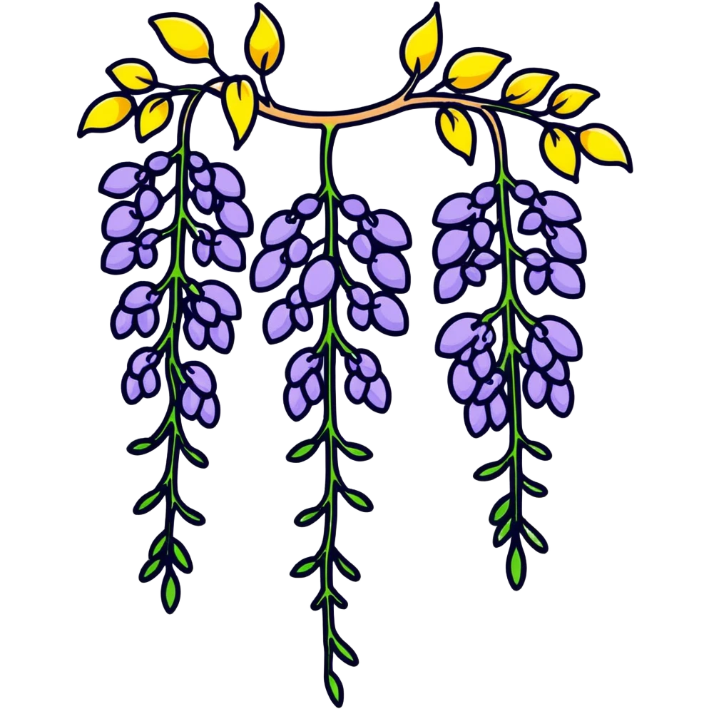 Decorative wisteria flower with elegant drooping clusters of purple blossoms and small bright green leaves emoji