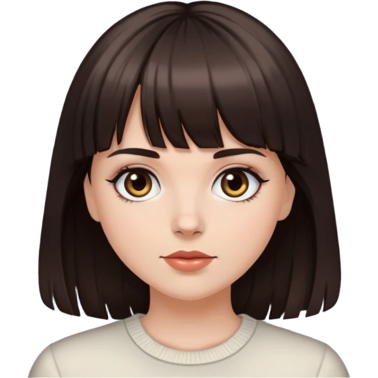 White girl with dark brown hair, bangs, and black eyes emoji