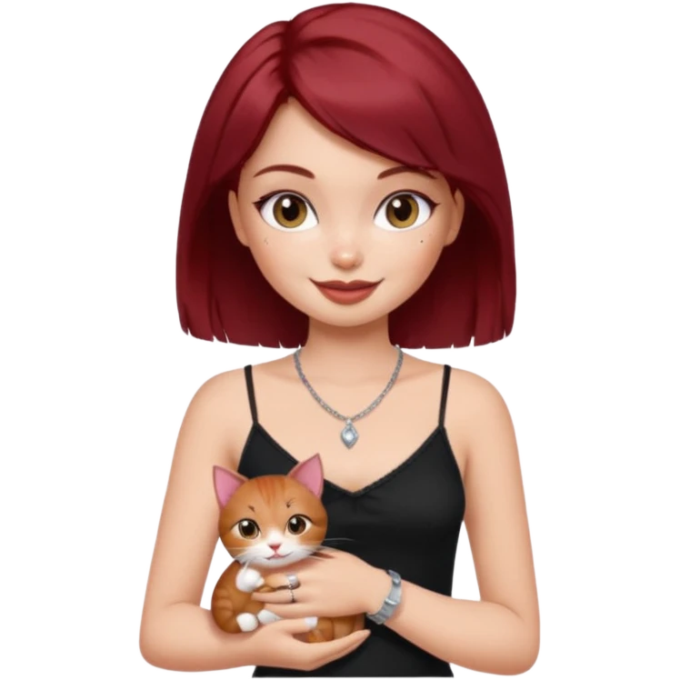 generate a pretty bratz girl with short dark red hair holding a cat smiling. Wearing a black cami emoji