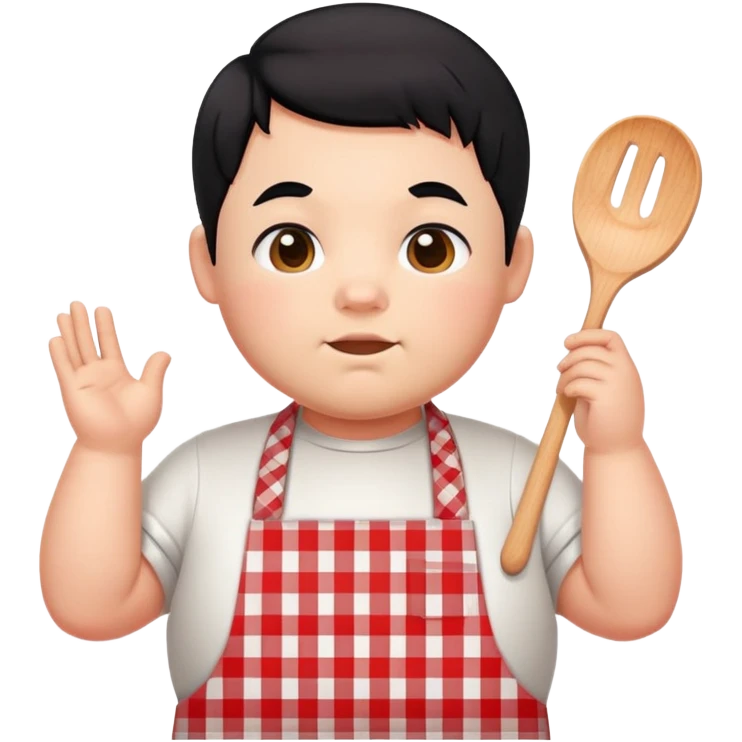 chubby boy with black hair styled upward in front, wearing a red and white checkered plaid apron emoji