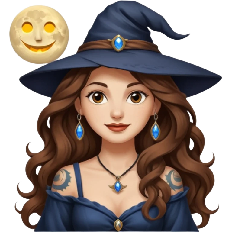 moon witch woman long wavy brown hair tattoos shoulder glance smirk emoji