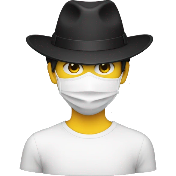 A person with no facial features, wears a white mask that covers the entire face with yellow eyes, has a serious expression and has a black hat. emoji