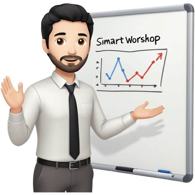 Professional 35-year-old man with black wavy hair, stubble, strong jawline, white skin tone, wearing smart casual business attire, standing in front of a diverse group, facilitating an interactive leadership workshop with whiteboard and participants emoji