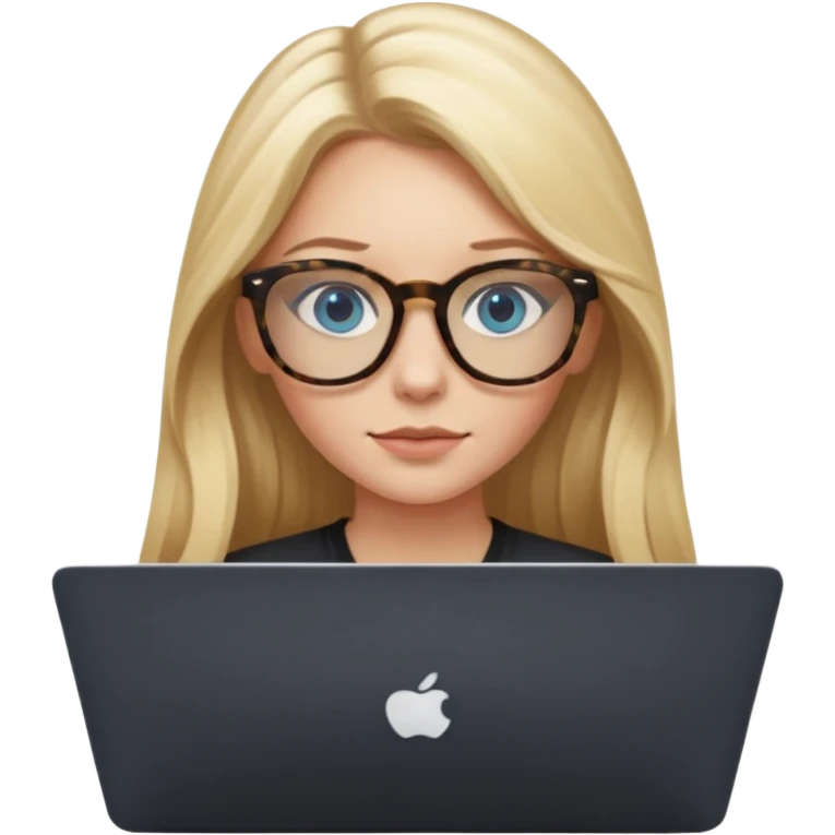 long blonde hair woman blue eyes on mac lap top with tortoise shell print glasses with black shirt emoji