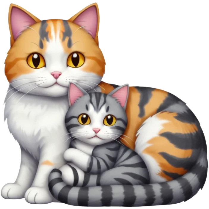 full body colourful light patched calico + white tabby cat cuddling a bigger cat that is dark grey and white tabby cat  and they are in love emoji
