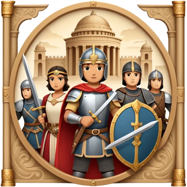Icon for Historical Movies: A vintage movie poster-style design with elements of ancient architecture, historical figures in period costumes, and a backdrop of a historical event or battle. Include scrolls, swords, and shields. Retro cinematic feel. Transparent background. emoji