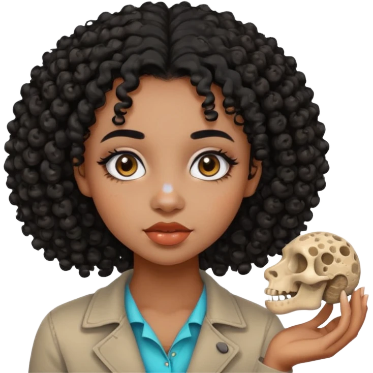 Fille de couleur de peau noir Avec des cheveux bouclés, des yeux de deux couleurs différentes, un petit nez, des lèvres pulpeuses un peu de blush sur les pommettes Highlighter sur le nez fossiles emoji