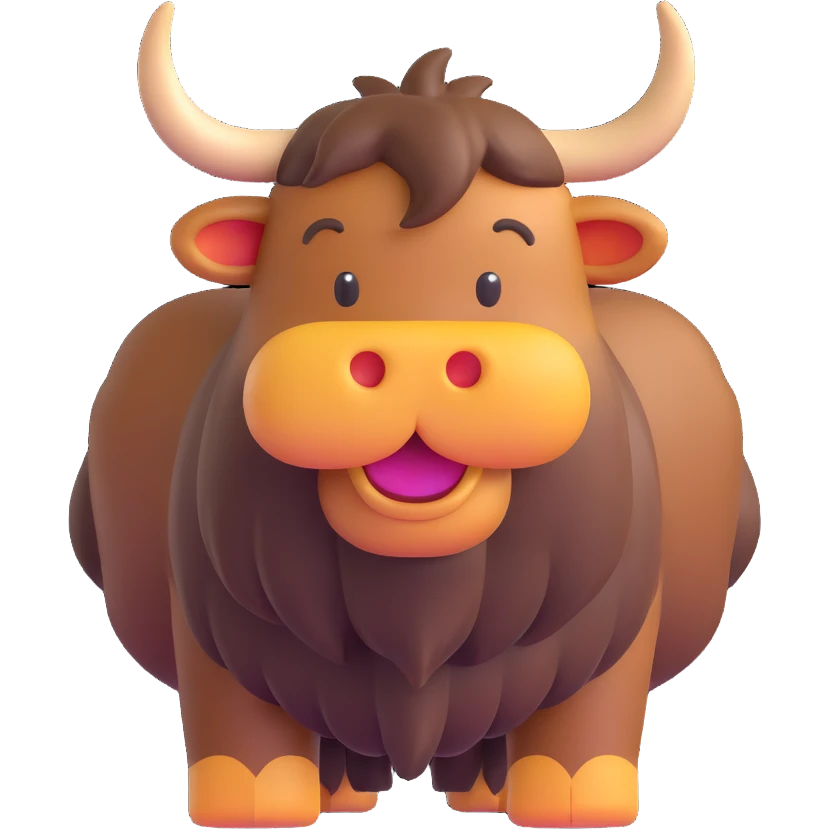 yak with raised tail, 3D emoji style, soft shading, lively and expressive, suitable for app icon emoji