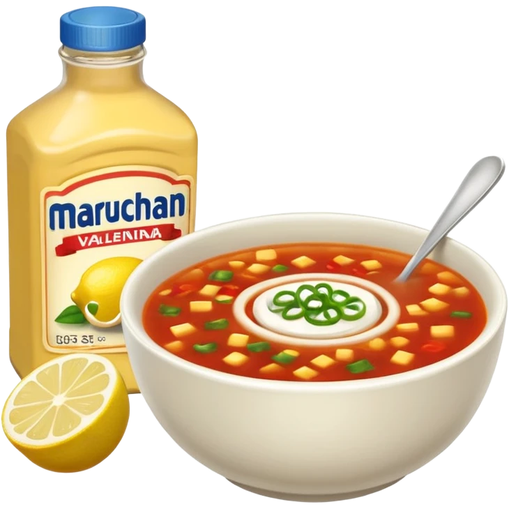 Vasos de sopa maruchan con un limón y una botella de salsa valentina emoji