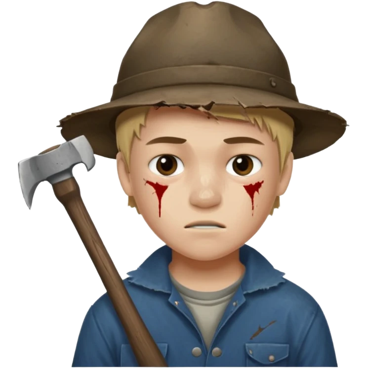 13 y/o Brian robeson at the beginning of Hatchet
distressed, has hatchet, small scratches(no bleeding type) on face, no blood on hatchet emoji