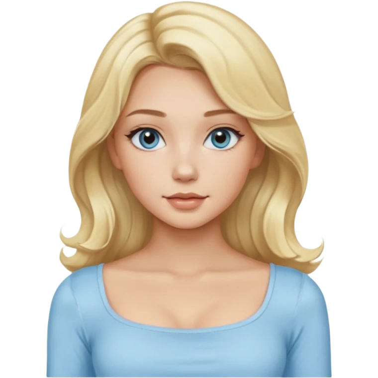 pretty girl blonde soft wavy long hair middle part makeup light baby blue skin tight square neckline long sleeve top emoji