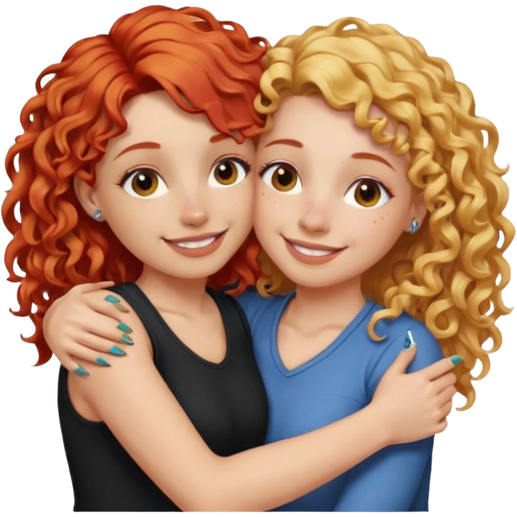 A woman with pencil straight, blonde hair and a nose piercing and a woman with curly red hair and a nose piercing are hugging and smiling together. emoji