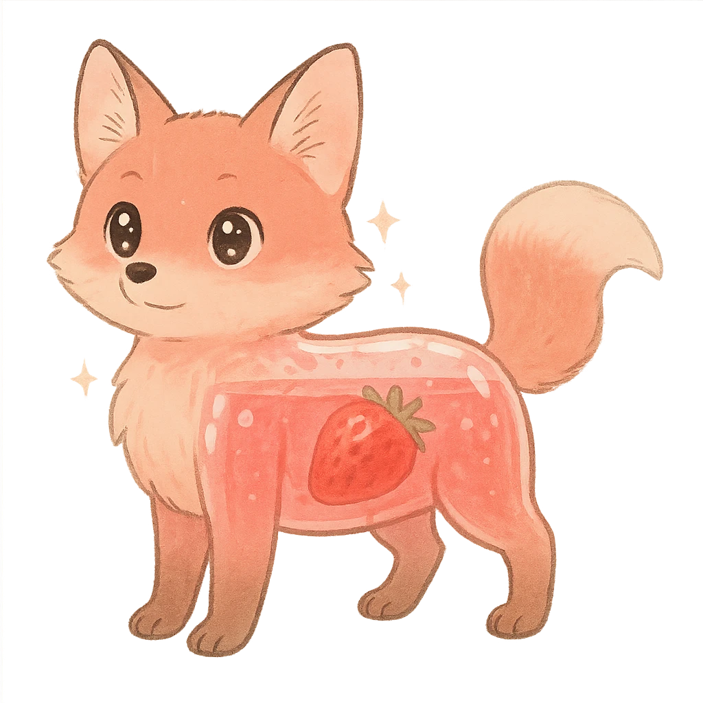 soft fluffy fox with a transparent body showing a strawberry smoothie inside, sparkling eyes, pastel pink, full-body emoji