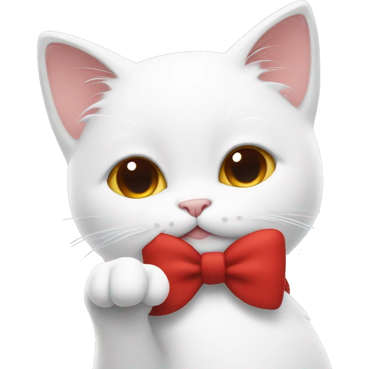 White cat cartoon with red bow doing a peace sign emoji