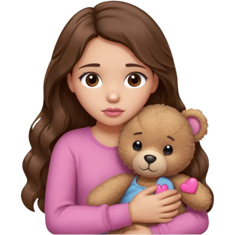 girl with long wavy brown hair, brown eyes, light to medium complexion, in a pink shirt, pink lips, long lashes, sad, hugging squeezing a teddy bear with a broken heart emoji