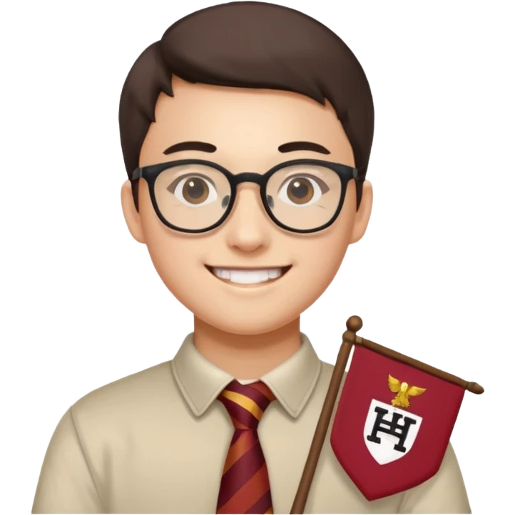 smiling student with glasses holding a Harvard pennant labeled 'Ivan Zhang' in fun emoji style emoji