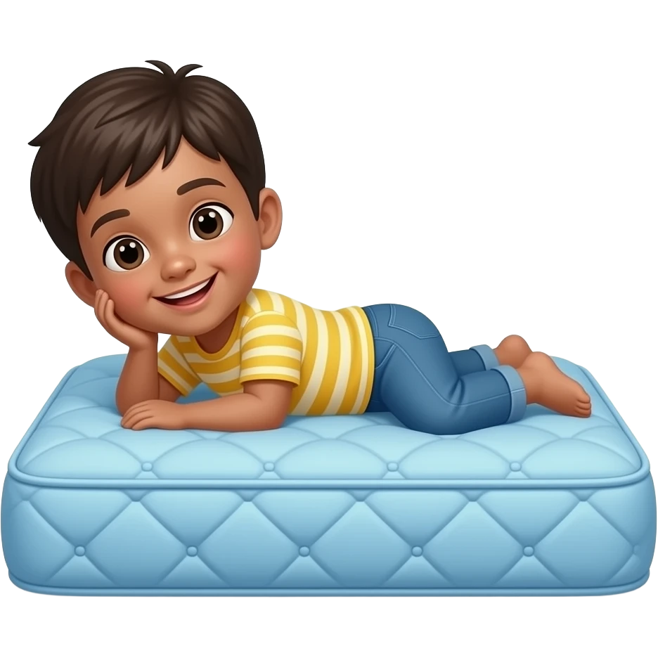 enfant couché sur petit matelas bleu au sol emoji