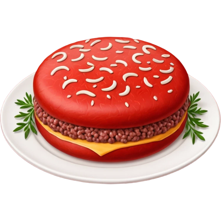 raw ground beef patty, round, vivid red, dense compact texture, visible minced meat strands, slightly domed top, clean edges, moist fresh surface, no garnish, herbs, plate, or extras, soft lighting, emoji scale emoji