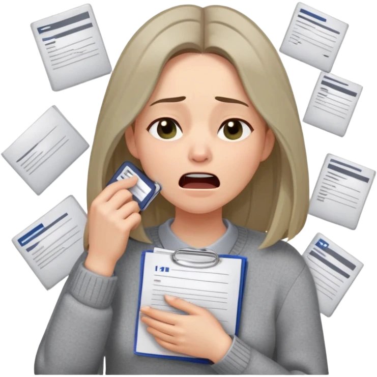 Gender: Female Hair: Shoulder-length straight hair with middle parting Face: Mild double eyelids with dark circles, faint frown Clothes: Gray knit sweater, ID badge on lanyard Action: Carrying overflowing文件堆 while yawning emoji