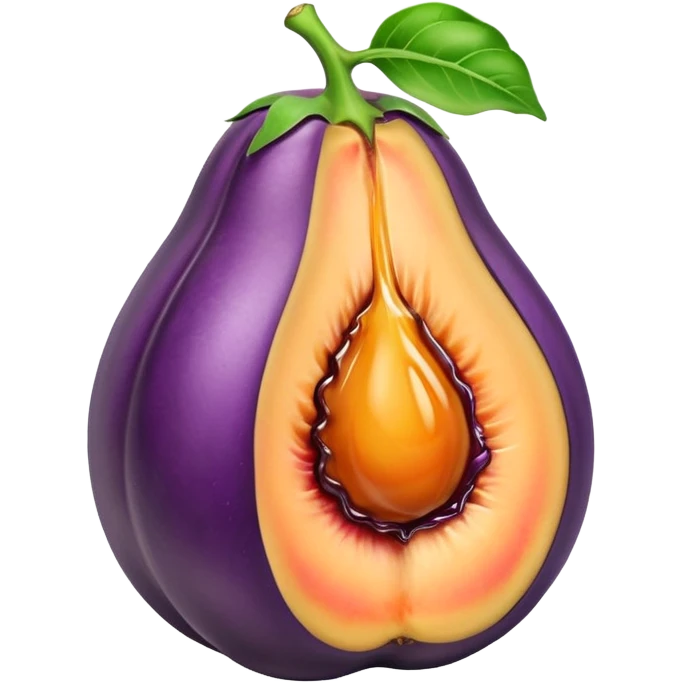 Eggplant stuck inside the crack of a peach wit h juices emoji