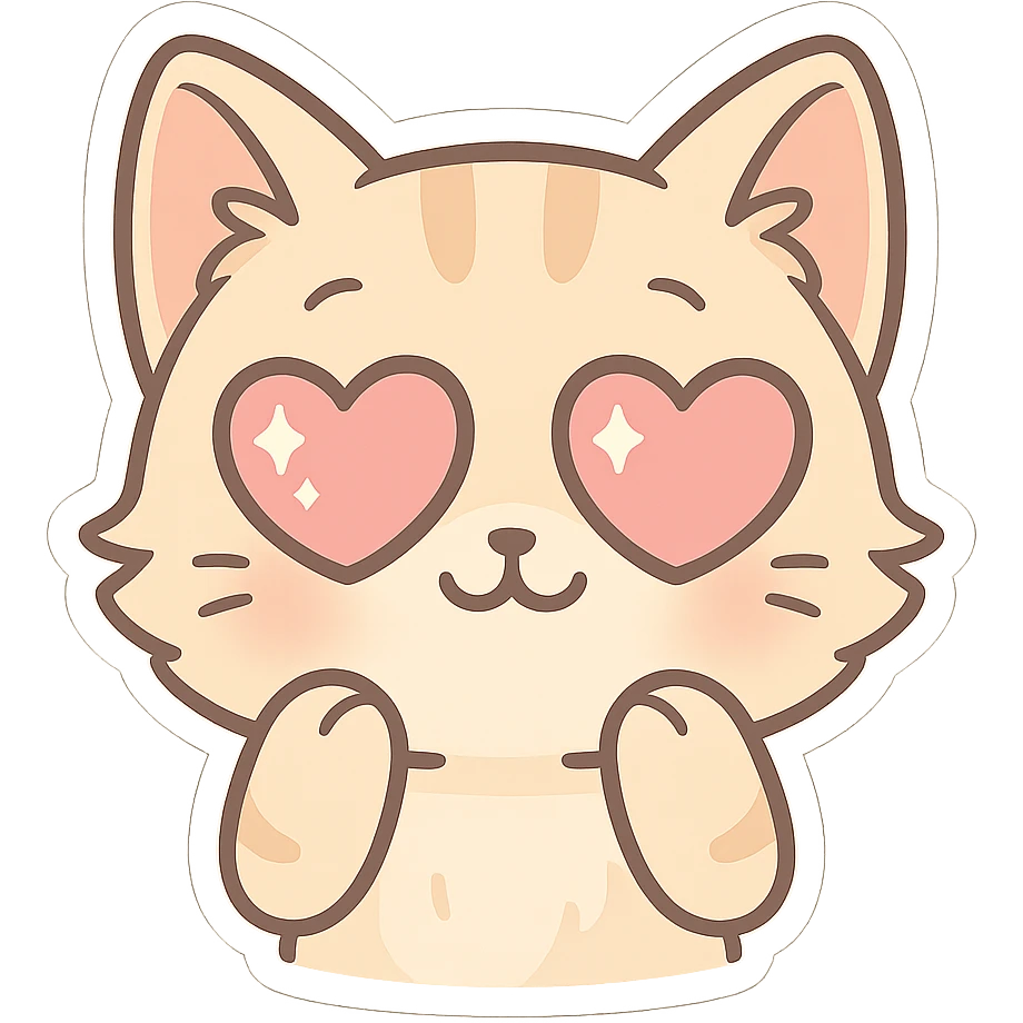 cute chibi cat close-up, sparkling heart eyes, pastel colors, die-cut sticker, white background, minimal vector illustration emoji