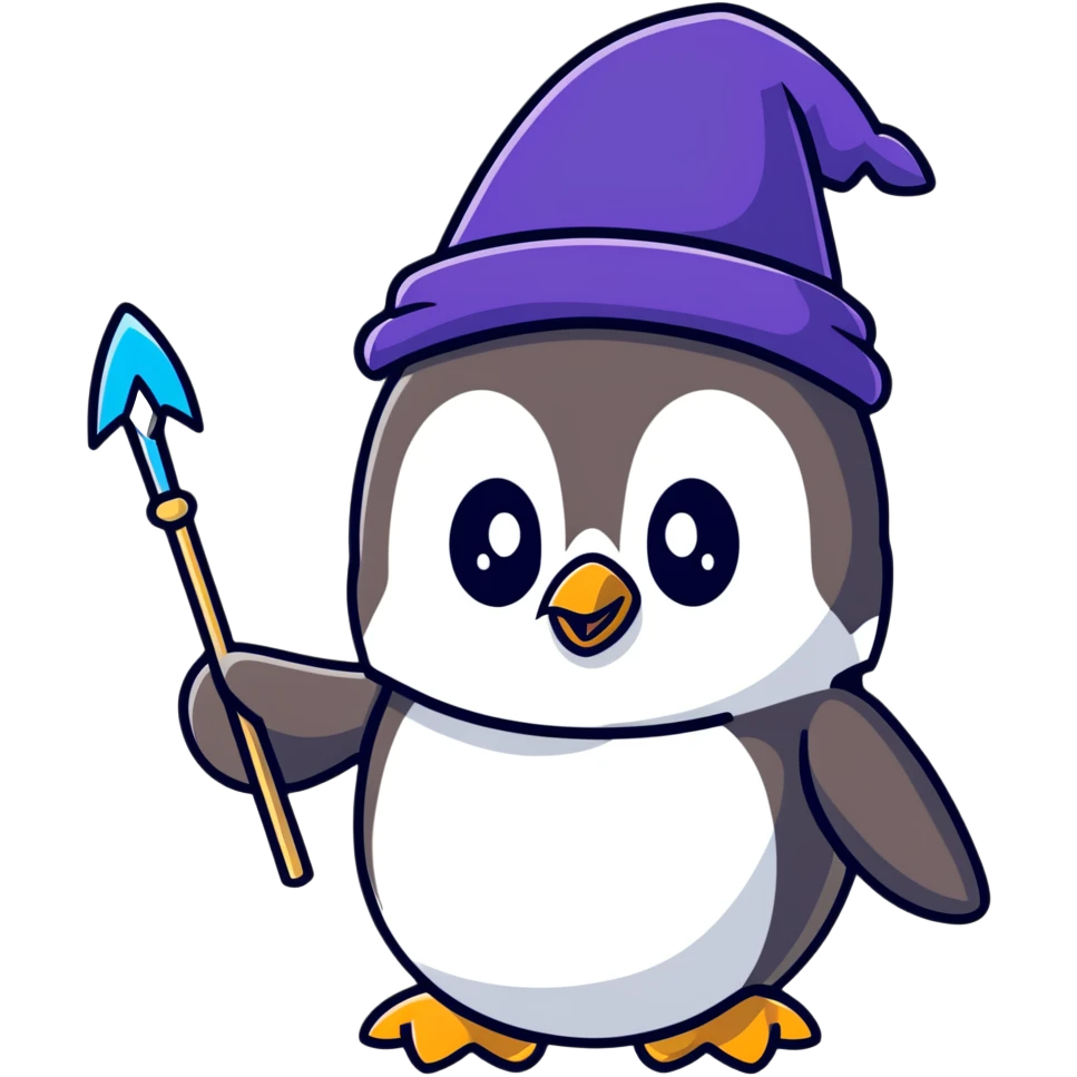 penguin dressed as a wizard with magic wand and wizard hat emoji