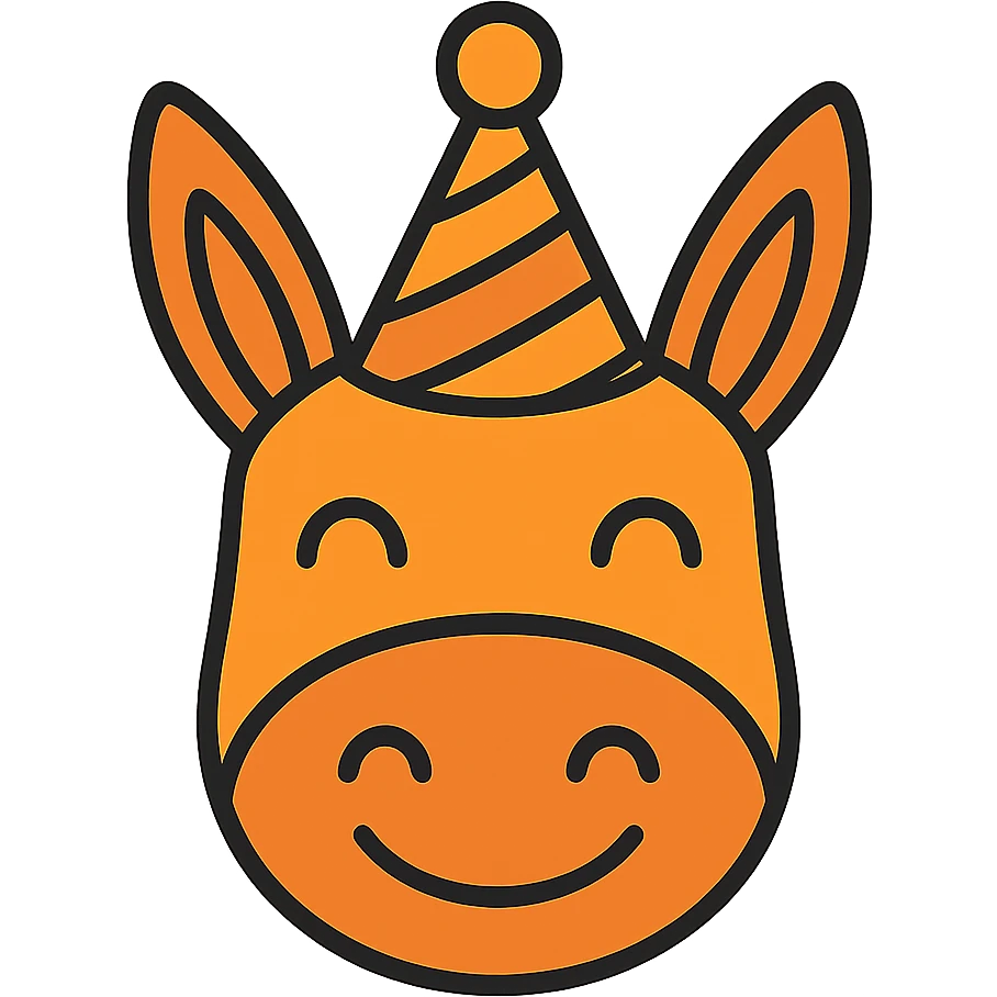 Add a colorful party hat with orange tones to the happy donkey head icon, in color outline style, with no background. emoji