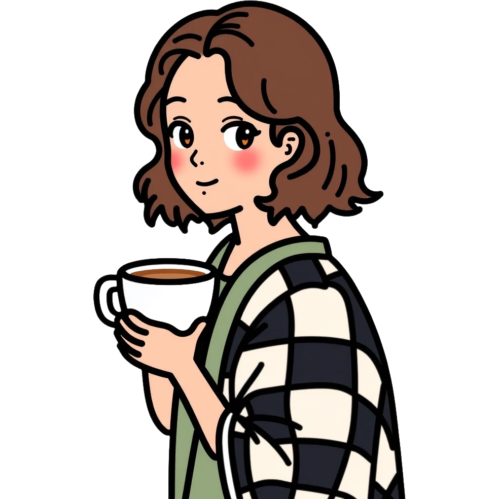 A 16-year-old girl with brown eyes and brown hair, with a black and white checkered blanket on her back, holding a white cup of tea in her hand emoji