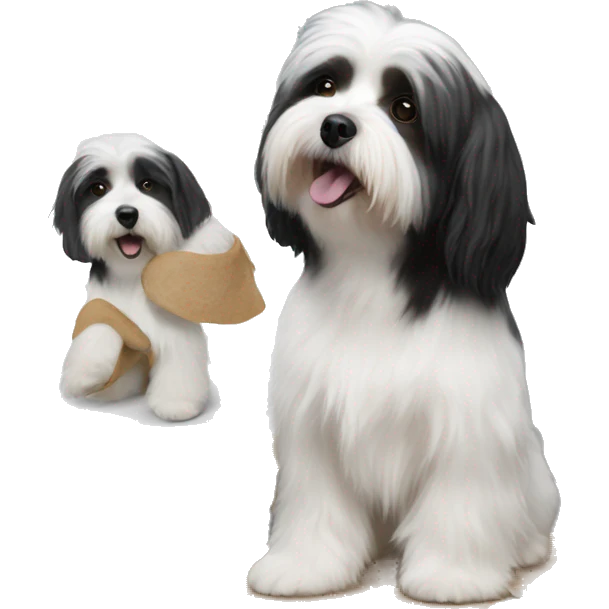 female painting a canvas with black and white havanese on it emoji
