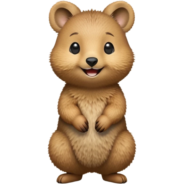 cinematic-realistic quokka-emoji,-small-round-frame-balanced-on-tiny-strong-hind-legs, head tilted in an endearing manner, comical smil, giant-fluffy-cheeks-large-smile-fluffy-brown-fur-radiating-a-warm-softness,-big-round-eyes-filled-with-joy, realistic fluffy zoomed in emoji