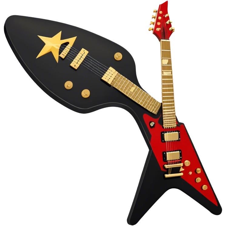 Create a bold and dynamic emoji representing the Epiphone Dave Mustaine Flying V Custom electric guitar. The design should feature the sharp, iconic V-shaped body of the guitar, with a custom finish reflecting Dave Mustaine’s signature style. Add intricate details like gold or chrome tuning pegs and pickups, with subtle graphics or patterns that reflect the aggressive, heavy metal aesthetic. Use a color palette of black, gold, and red, with a touch of metallic sheen for the high-end finish. The background should be transparent to emphasize the guitar's iconic shape emoji